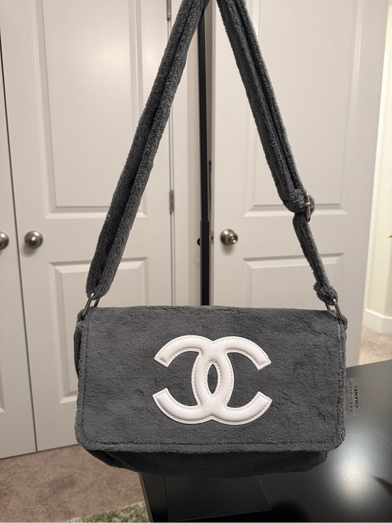 CHANEL Handbags - Chanel Gray Terrycloth Shoulder Bag with White CC Logo